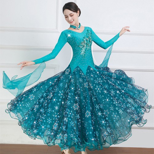 Turquoise blue colored ballroom dancing dresses for women girls glitter skirts sparkly waltz tango foxtrot smooth dance long dresses for woman