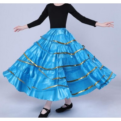 Turquoise blue Flamenco skirts for kids girls stage performance spanish bull ballroom dance skirts 