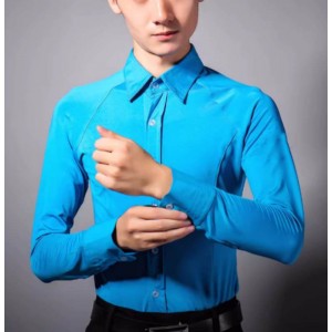 Turquoise blue latin ballroom dance shirts for young men youth tango flamenco waltz chacha salsa modern dancing tops for man