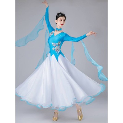 Turquoise blue with white competition ballroom dance dresses for women girls foxtrot smooth waltz tango flowy dance long gown for female