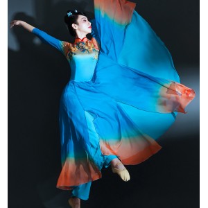 Turquoise Chinese folk Classical dance costumes for women fairy princess dance hanfu traditional yangko umbrella fan dance dress for woman
