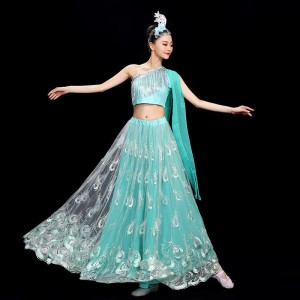 Turquoise chinese folk Dai dance costume  for women girls peacock dance dresses long skirt peacock dance art test performance outfits for woman