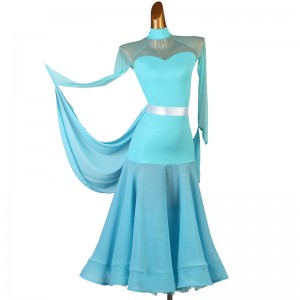 Turquoise competition ballroom dance dress for women girls float sleeves modern dance waltz tango flamenco dance swing long dresses for lady