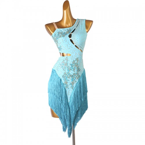 Turquoise competition latin dance dresses for women girls chacha rumba salsa dance tassels dress with diamond