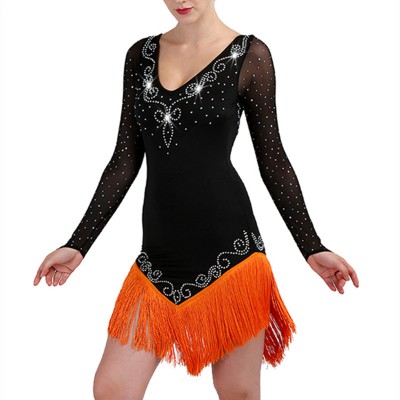 Turquoise orange Fringe latin dance dresses with diamond for women girls long sleeves v neck latin dance performance costume ballroom competition clothes for lady