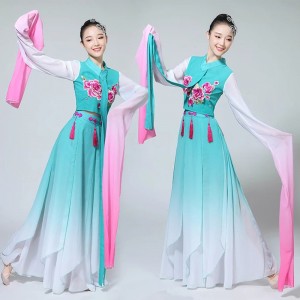 Turquoise pink gradient Chinese folk dance costumes for women girls ancient traditional caiwei dance clothes waterfall sleeves hanfu fairy performance dresses 