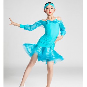 Turquoise violet competition latin dance dresses for girls kids fashion boat neck latin performance costumes for children