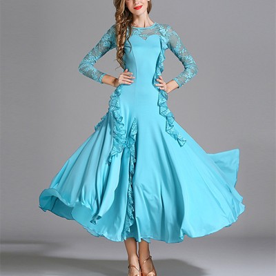 Turquoise yellow purple lace ballroom dance dresses for women young girls long sleeves professional foxtrot smooth tango waltz dance gown
