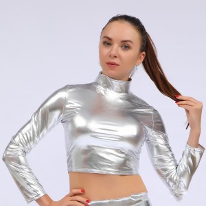 Turtle neck colorful glitter leather Jazz nightclub bar pole hot dance tops for women girls long sleeve turtleneck nightclub stage performance clothing shirts for female