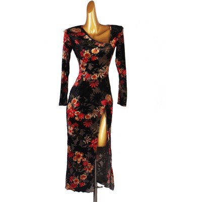 Velvet floral Inclined collar latin dance dress for women girls long sleeves latin competition high slit dresses rumba salsa chacha stage performance tango dance long dress