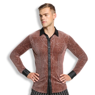 Velvet striped ballroom dance tops for men male competition performance competition dance shirts