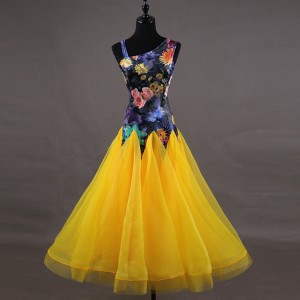 Vestido de fiesta Women's yellow ballroom dresses velvet floral competition waltz tango dancing dresses costumes