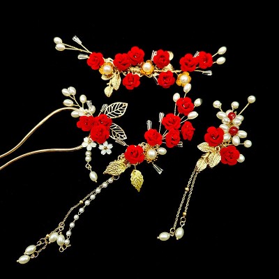 Vintage wine red roses series hanfu headdress take side clamp using balls and hair act the role of a toast to the bridal wedding dress hair comb