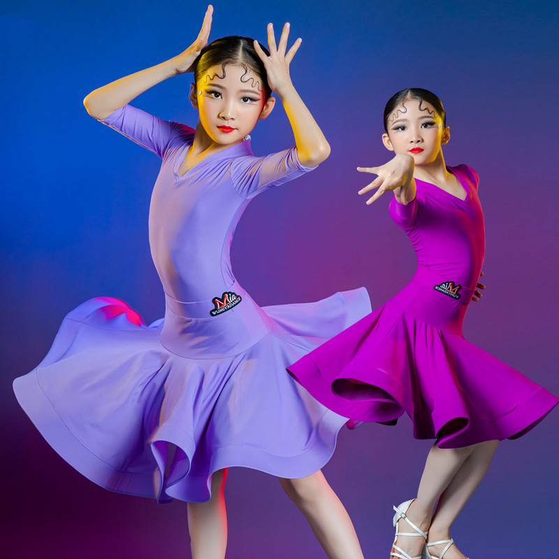 Violet purple ballroom latin dance dresses for kids girls professional stage performance latin dance costumes modern dance outfits for children