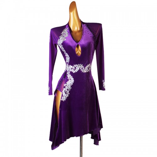 Violet purple velvet long sleeves competition latin dance dresses for women v neck rhinestones with embroidered pattern rumba salsa chacha dress latin costumes for female