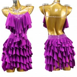 Violet ruffles fringe latin dance dresses for women girls flowy salsa rumba chacha ballroom tango dance costumes for female