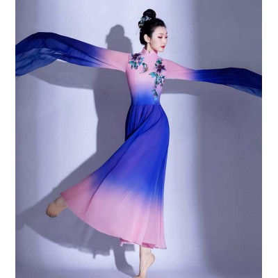 Water sleeve Chinese folk classical dance costumes for women girl blue pink gradient Flowing fairy Hanfu Chinese style Cai Wei Jinghong dance costumes