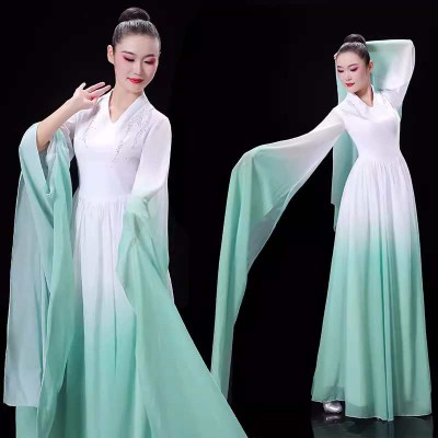 Water sleeves Chinese folk Classical dance dresses hanfu for women girls mint green gradient guzheng performance costumes fairy princess stage performance long skirts for female
