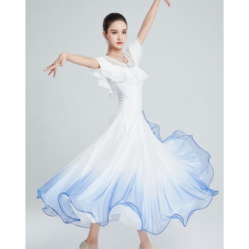 White ballroom dancew dresses for women ladies waltz tango dance dresses ballroom dance mesh gauze red yeelow blue gradient swing skirt