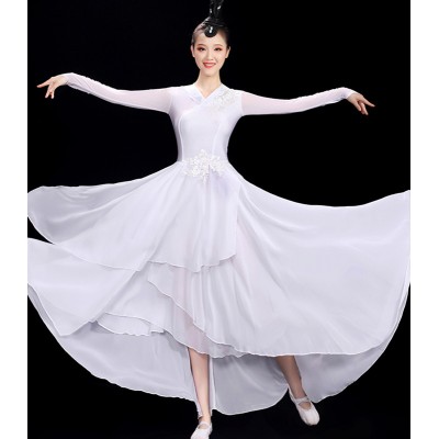 white Chinese classical dance dress for women girls elegant Chinese fairy Hanfu fan dance costumes modern umbrella dance Yangko dance costumes
