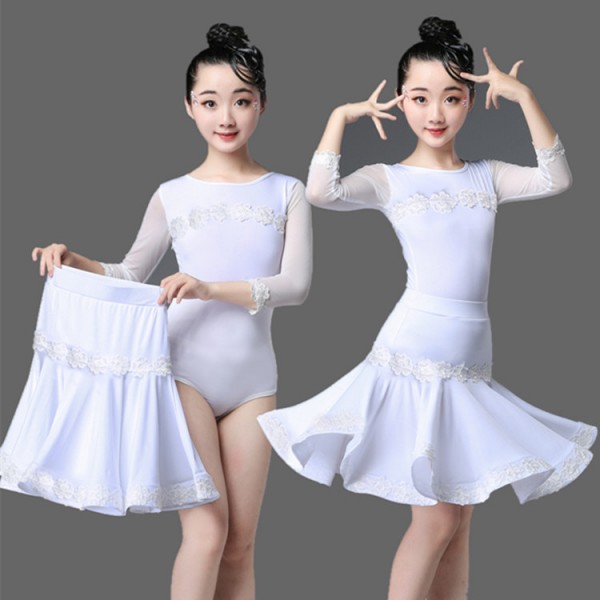 White colored girls latin dance dresses stage performance modern ballroom  salsa rumb chacha dance leotard tops and skirts- Material:polyester(  stretchable fabric)Content :