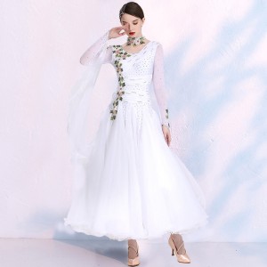 White competition ballroom dance dresses for women female professional stage performance rhinestones waltz tango dance gown