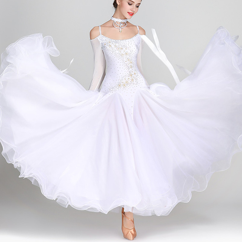 White competition ballroom dancing dresses for women girls bling waltz tango professional flare sleeves standard foxtrot smooth dance long skirts for female