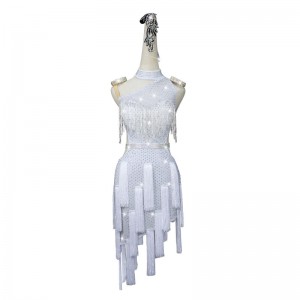 White competition tassels slant neck latin dance dresses with diamond for women girls stage performance rumba salsa chacha dance costumes for female
