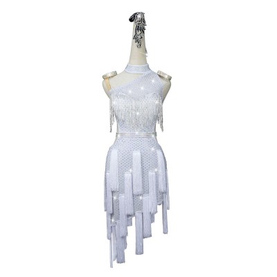 White competition tassels slant neck latin dance dresses with diamond for women girls stage performance rumba salsa chacha dance costumes for female