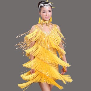 White modern dance latin dresses girl's kids children women's stage performance competition salsa sequined fringes latin dresses