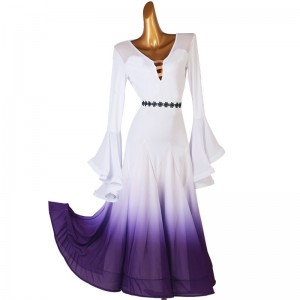 White purple gradient colored ballroom dance dress with lace sashes for women girls waltz tango foxtrot smooth dance long dress for female