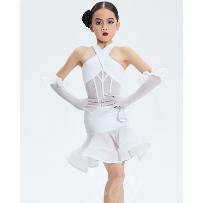 White ruffles latin dance dresses for kids girls children salsa rumba chacha lace stage performance tango dance wear modern dance outfits for Kids with gloves