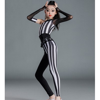 White with black striped latin dance dress for girls kids one inclined shoulder latin dance rompers modern dance jumpsuits and tassels pants