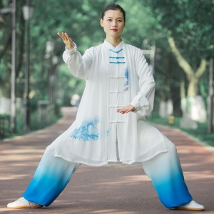 White with blue gradient chinese tai chi clothing for women and men kung fu unforms wushu martial art stage performance suits morning exercises fitness clothes