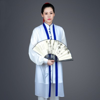white with blue tai chi clothing chinese wushu competition kung fu uniforms Chinese wind uniforms new elegant performance printed long martial art suit