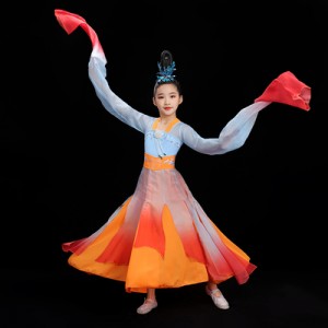 White with orange and blue gradient colored chinese folk dance costumes for girls kids waterfall sleeves hanfu fairy dress traditional folk dance dress for children