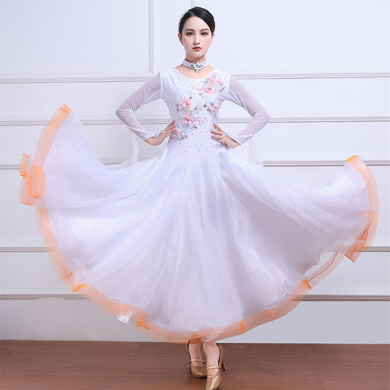 White with orange diamond competition ballroom dance dress for women girls waltz tango foxtrot dance dress swing skirts