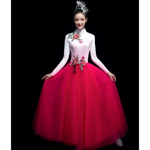 White with pink gradient color with rose flowers Chinese folk dance dress for women girls classical fairy dance Cheongsam dress Solo Modern dance long dress