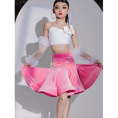white with pink velvet latin ballroom dance dresses for girls kids children model show singer stage dance outfits model show pageant clothes for girls