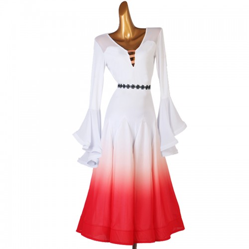 White with red gradient colored ballroom dance dresses for women girls long flare sleeves competition waltz tango dance long dress