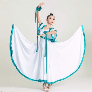 White with turquoise blue ribbon long ballroom dance dresses for girls kids children tango waltz rhythm salsa dancing long gown for kids