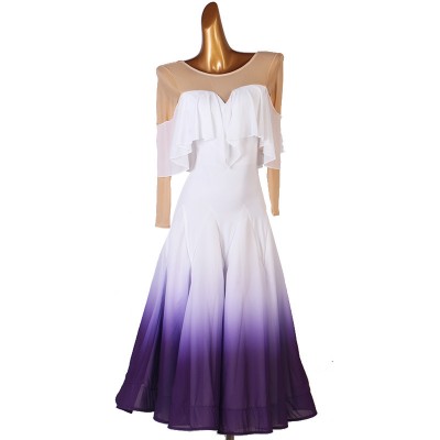 White with violet gradient colored ballroom dance dresses for women girls long sleeves ruffles neck competition waltz tango dance foxtrot long dress for lady