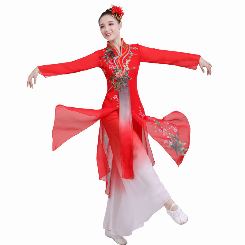 Wholesale chinese folk dance costumes red women fan umbrella yangko ancient traditional classical dance dress