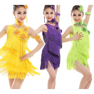wholesale Kids girls latin dance dresses tassels stage performance modern dance rumba salsa chacha dancing dress skirts