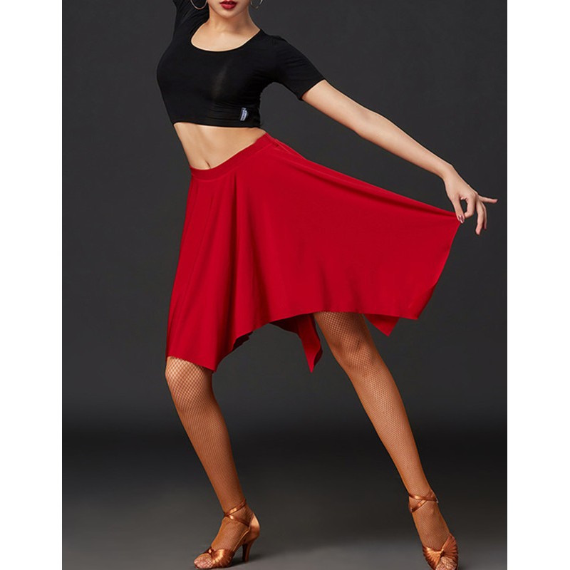 Wholesale latin dance Skirts for women girls red black irreglular hem fringe latin dance costumes salsa rumba chacha dance skirts