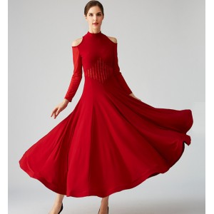 Wine black competition ballroom dance dresses for women girls long skirts waltz tango foxtrot smooth dance long gown hollow shoulder long sleeves for female