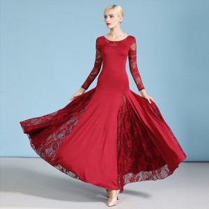 Wine color Lace ballroom dance dress for women girls long sleeves stage performance waltz tango dance long dress for lady 