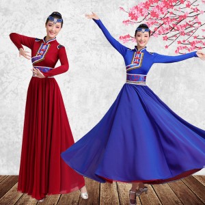 Wine royal blue Mongolian dance costumes for women grassland big swing skirt ethnic style Mongolia practice stage performance costume 