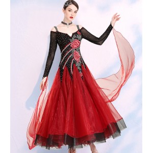 Wine with black diamond competition ballroom dance dresses for women female embroidered flowers professional waltz tango foxtort dance dresses