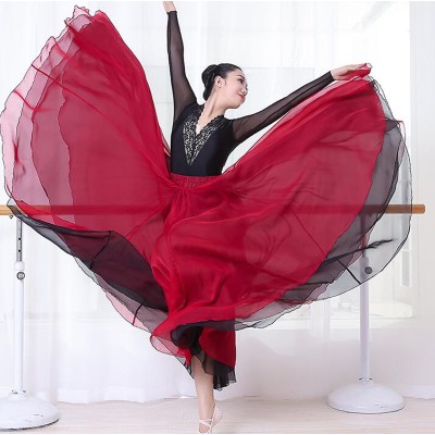 Wine with black double layers spanish flamenco dance skirts for women female stage performance modern ballet dance skirt classical dance swing skirts